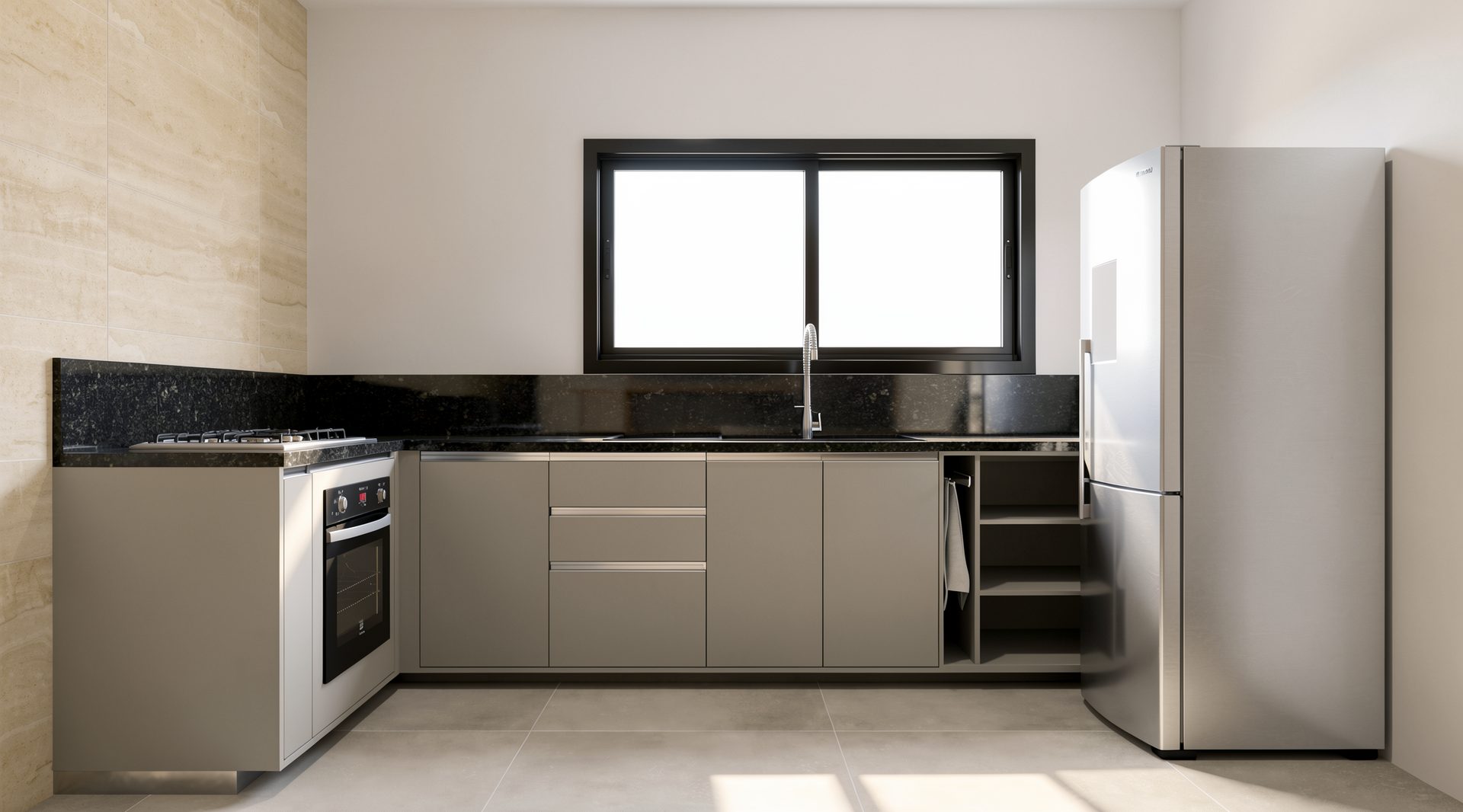 Cozinha linear em taupe com ilha integrada