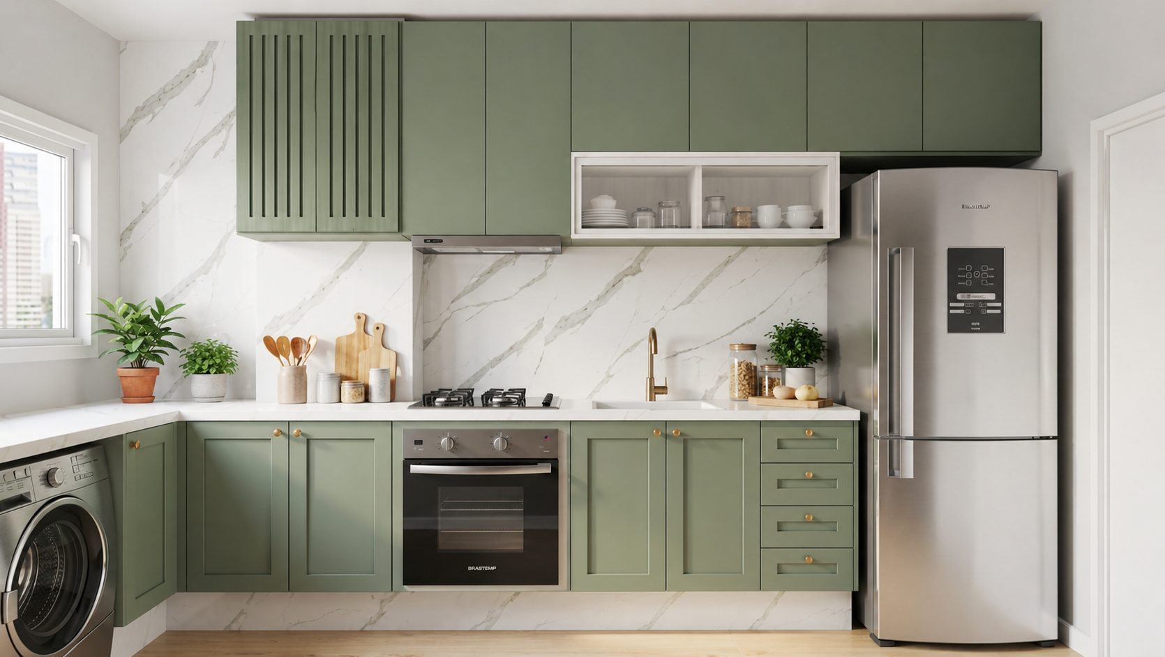 Cozinha em verde-oliva com backsplash em mármore