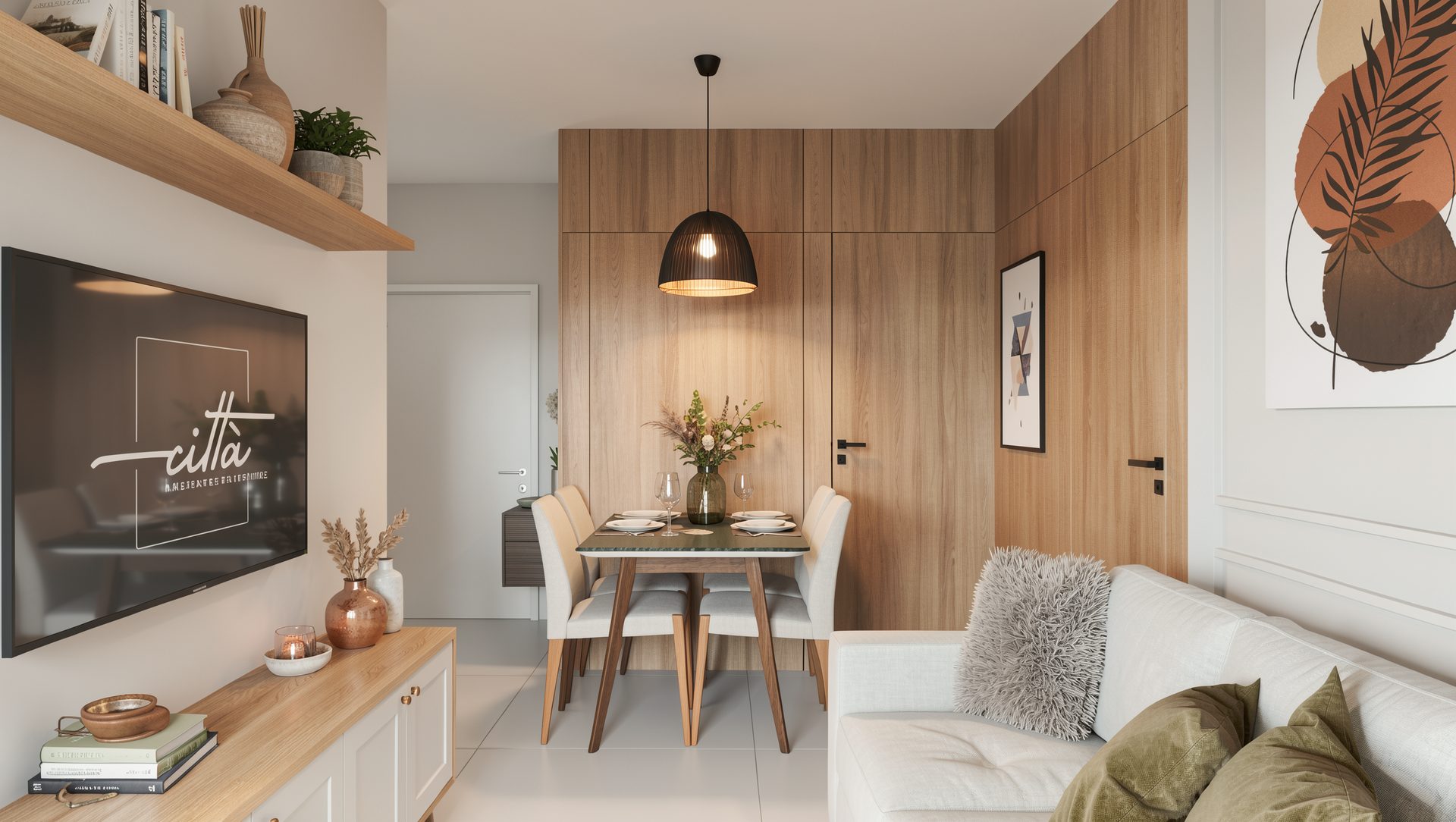Sala de estar e jantar integrados com painel de madeira