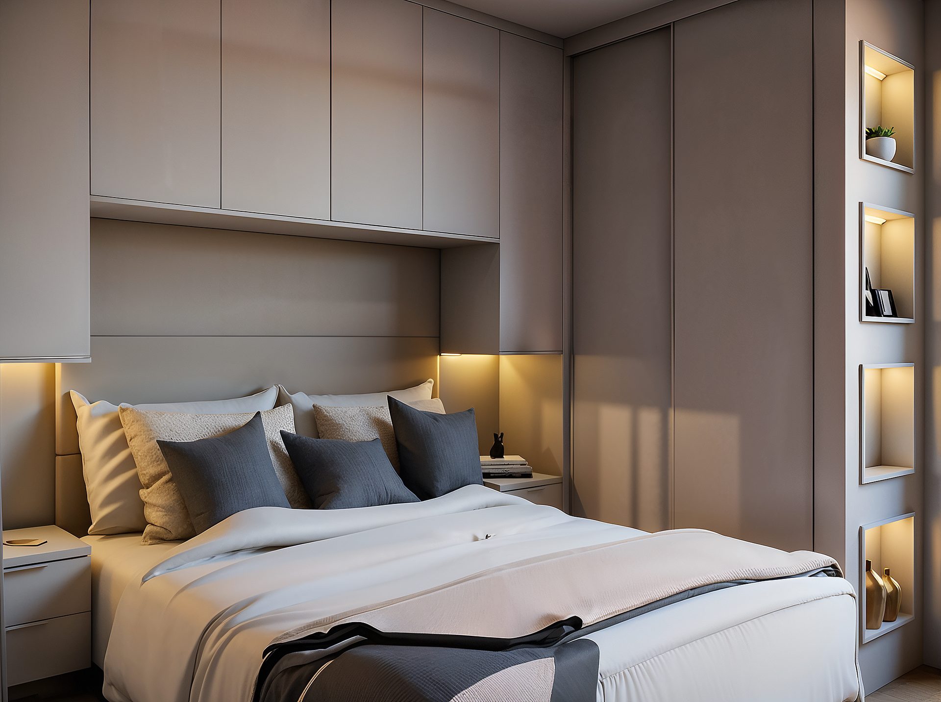 Quarto de casal com marcenaria envolvente e nichos decorativos