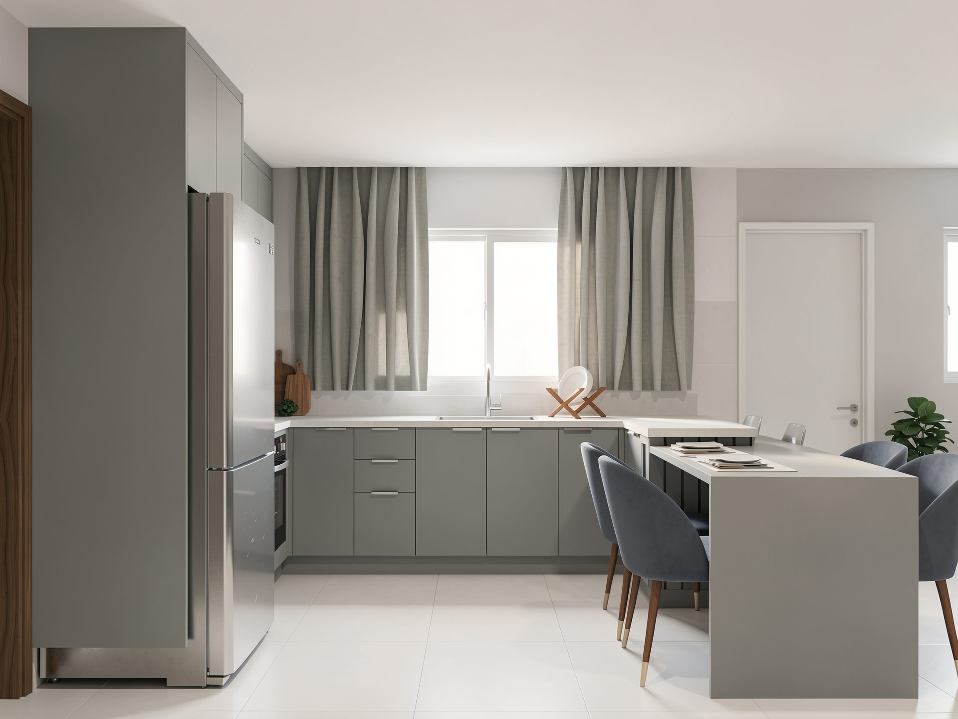 Cozinha integrada com sala de jantar e estar