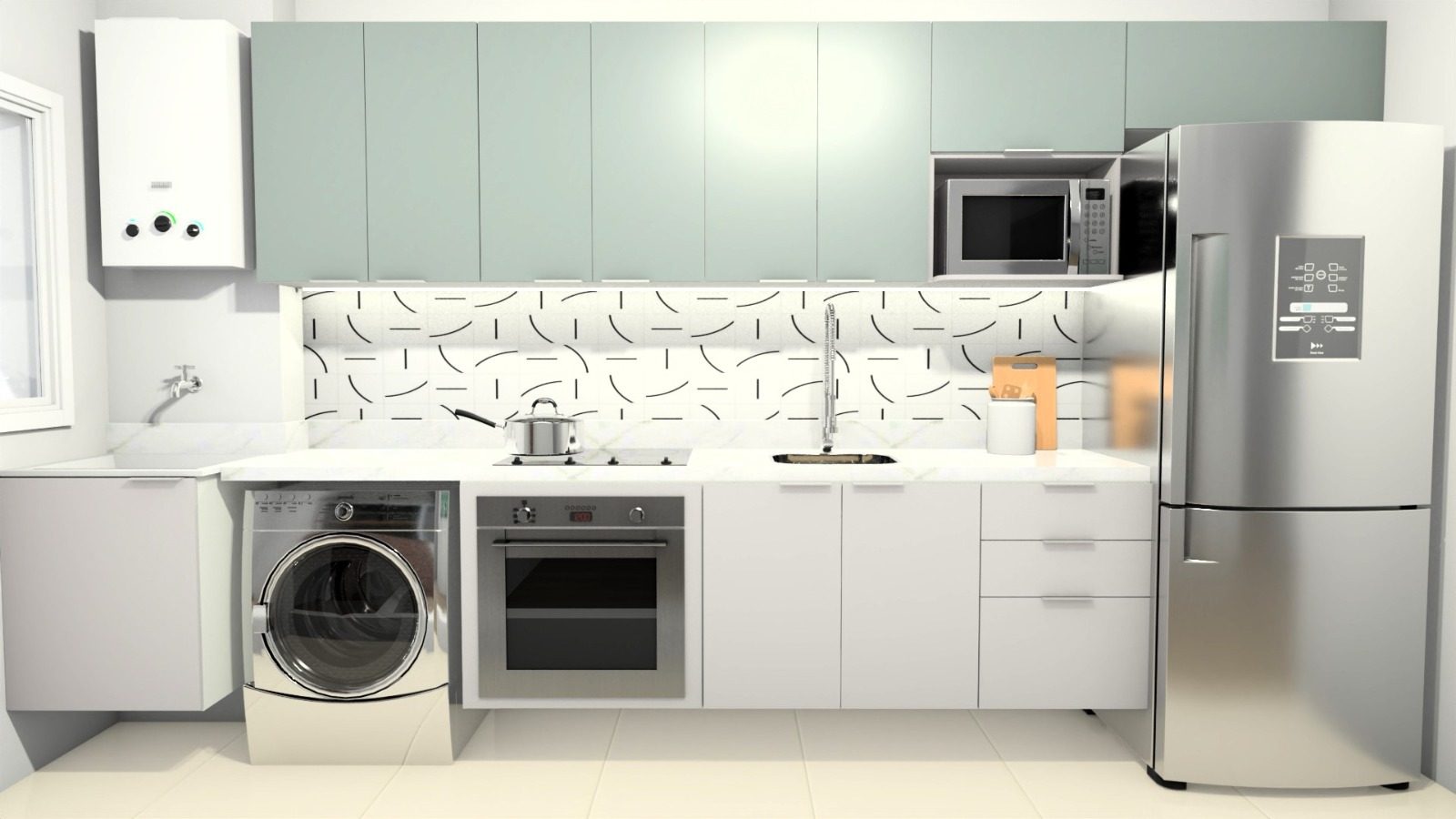 Cozinha compacta com lavanderia integrada