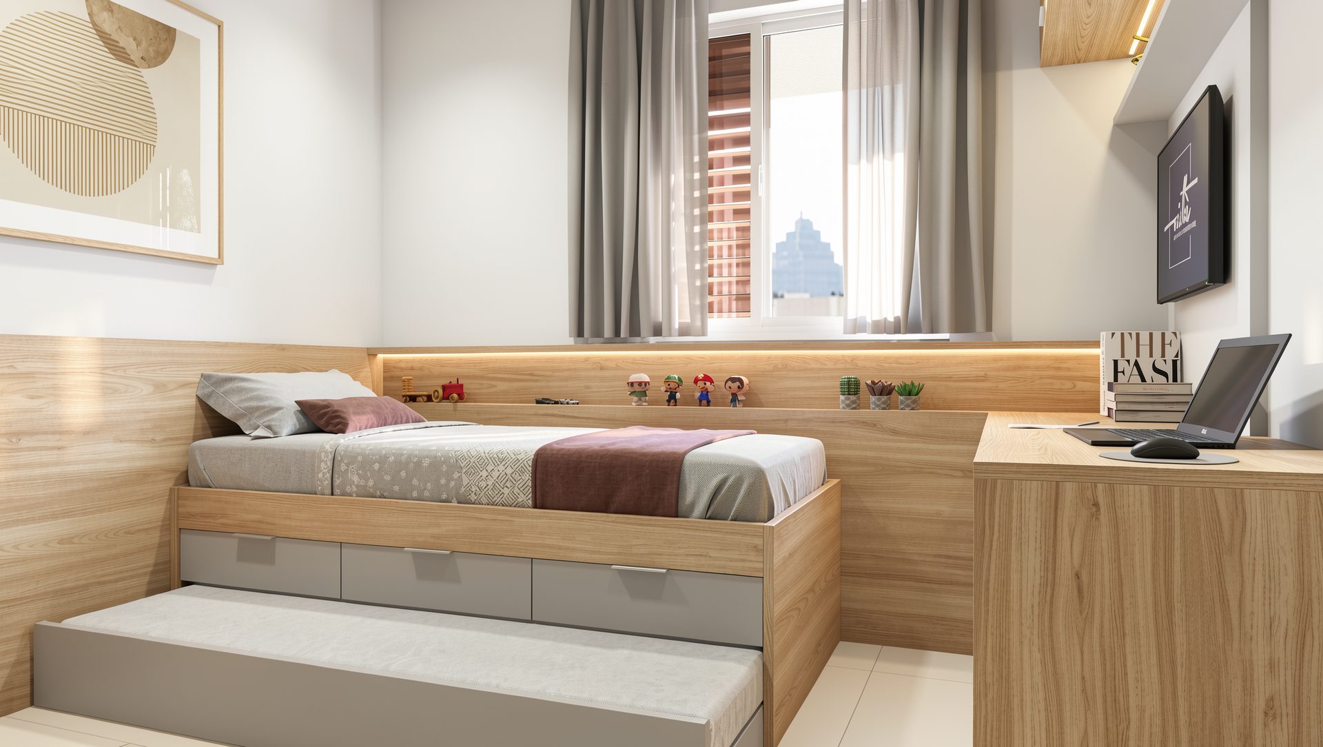 Quarto infantil com bicama e escrivaninha integrada