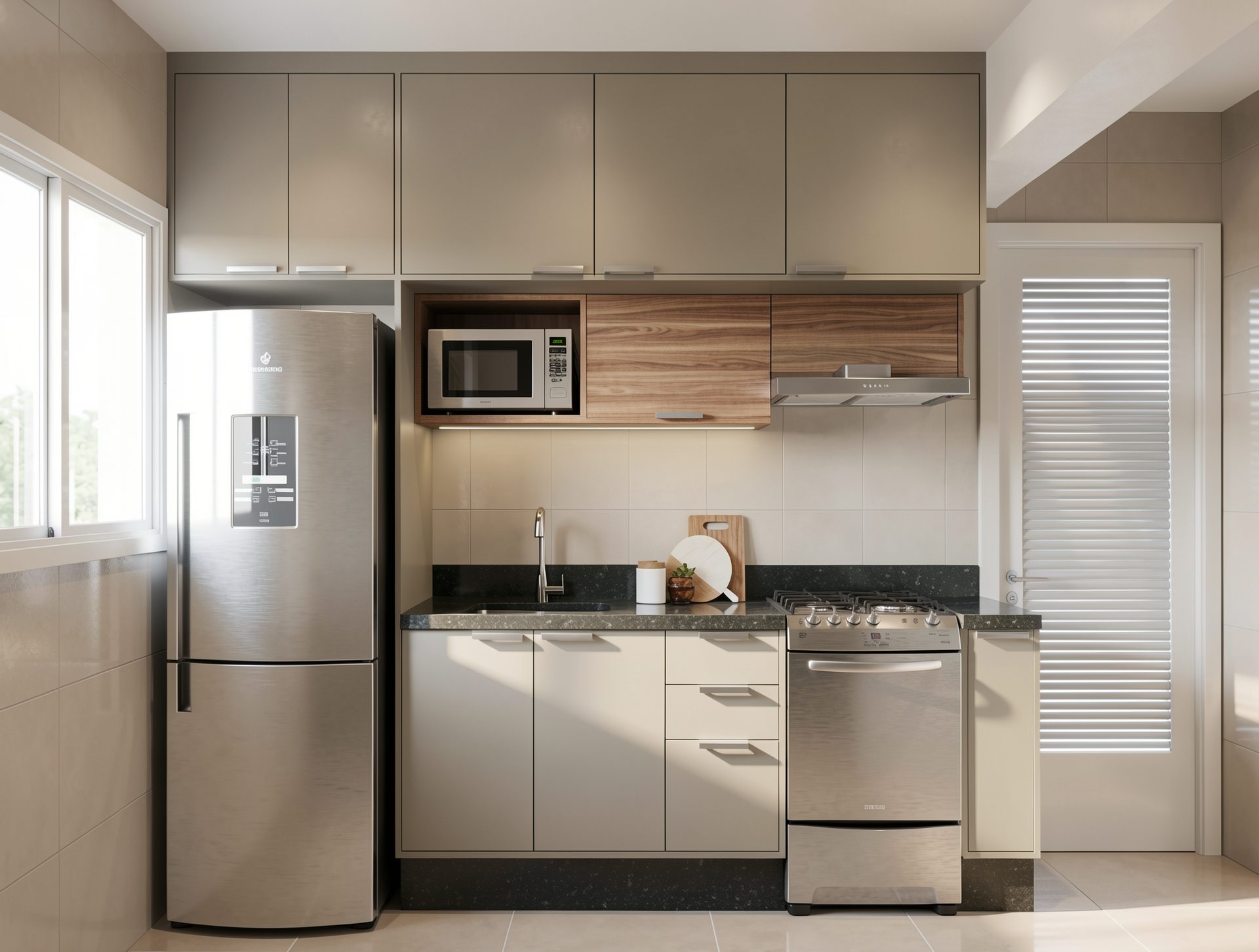 Cozinha linear compacta com nicho em madeira nobre